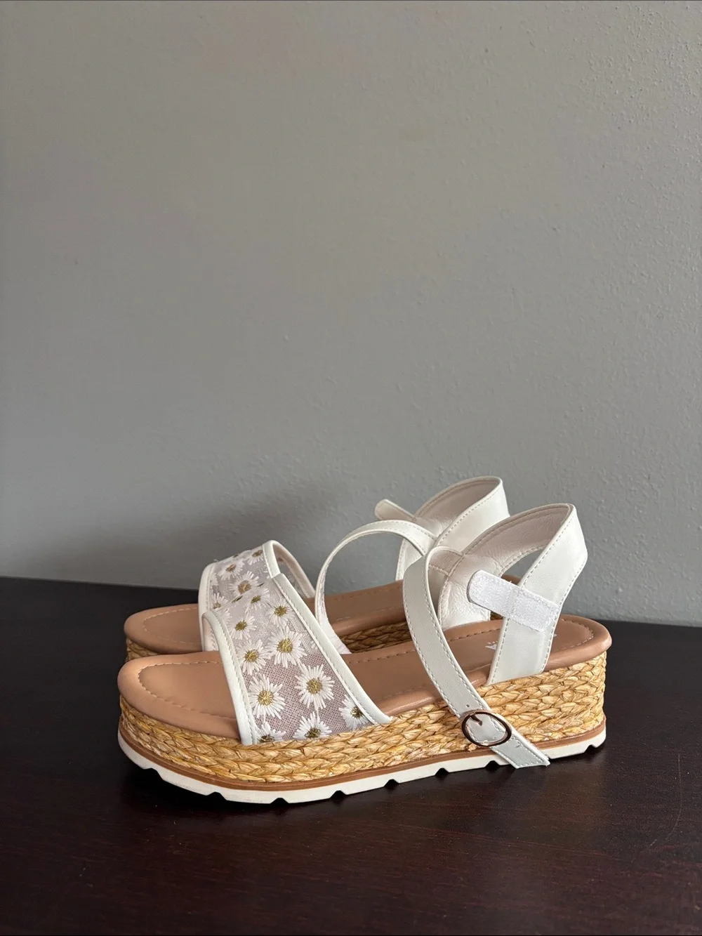 Girls White Daisy Espadrille Wedge Sandals with Ankle Strap
